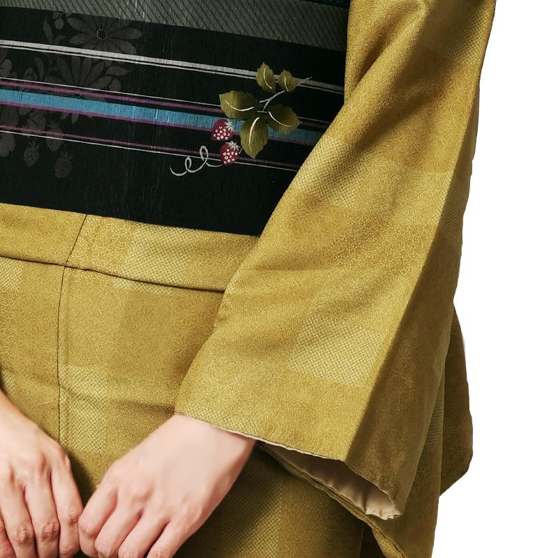 着物 小紋タイル きれどり 格子 からし マスタード 黄色 シンプル