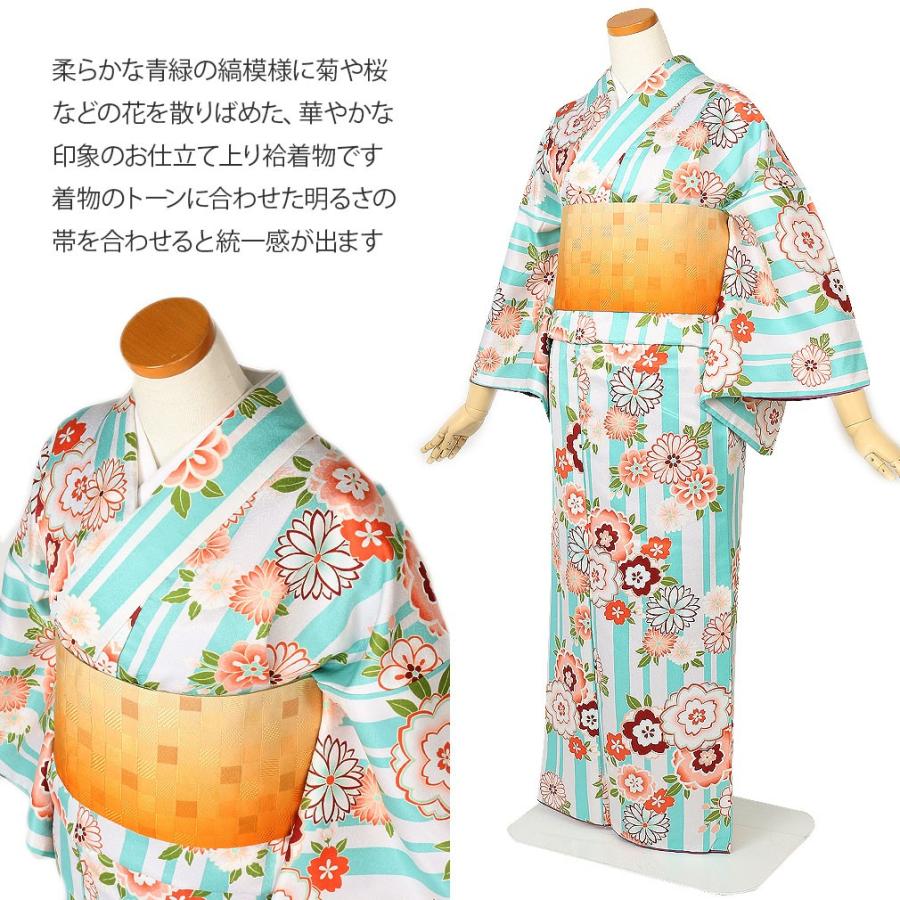 Kisste（キステ） 着物 小紋 袷 水浅葱 ストライプに八重桜 菊 M L
