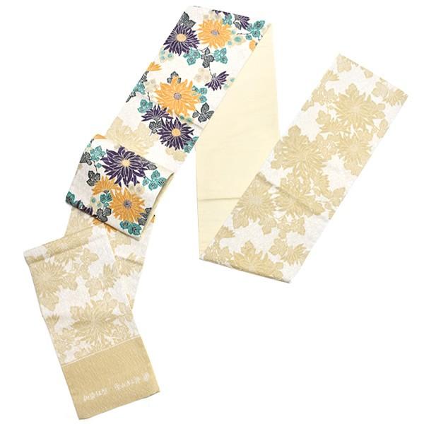 Prices down4）洒落 袋帯「薄ベージュ 菊花」紬 未仕立て 栗山吉三郎