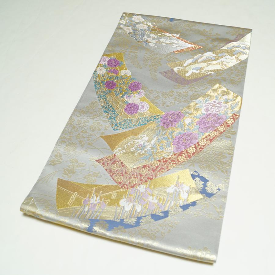 袋帯 じゅらく帝王紫 短冊に春秋百花・吉祥模様 帝王紫 金糸 中古