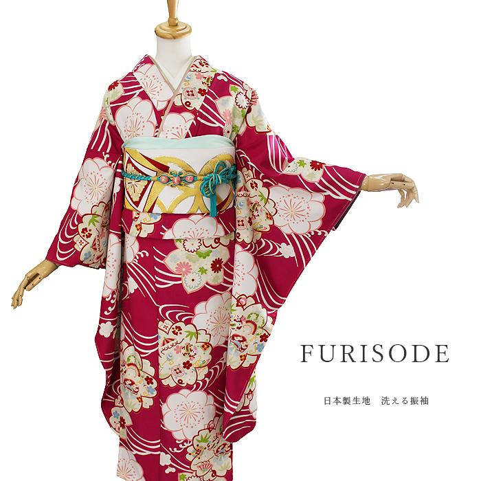 振袖 総柄 小紋柄 洗える着物 成人式 レトロ ピンク : きものやまゆ