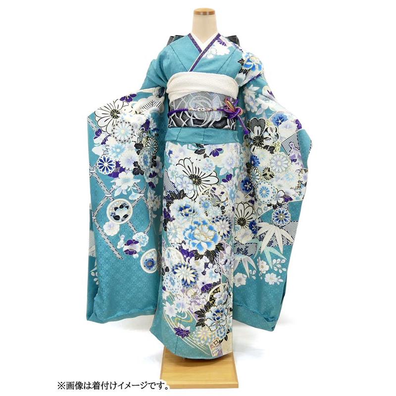 仕立て付き 正絹 振袖 古典柄 ターコイズブルー 霞草色 f-640-t 新品