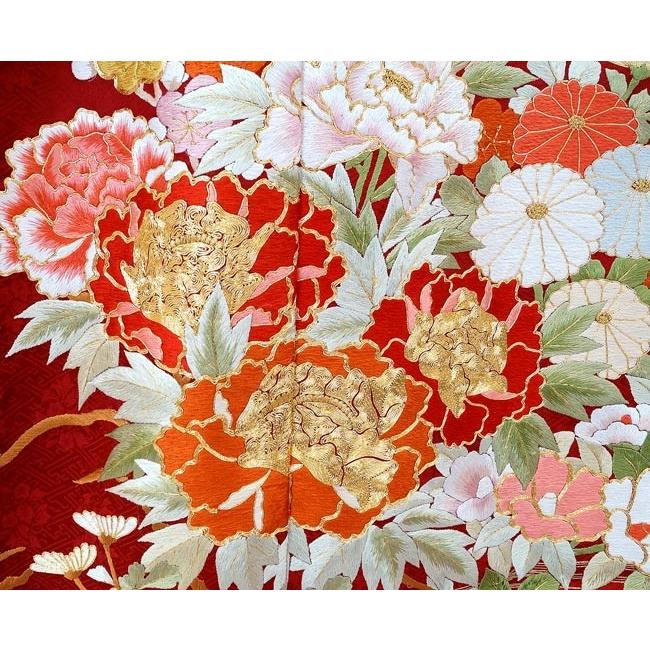 特選品 手刺繍振袖 仕立付き 四季花文 赤色 f-784 尾峨佐染繍 古典柄