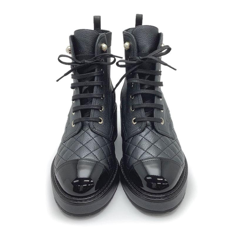 CHANEL シャネル ショートブーツ カーフ パテントレザー ブラック #37
