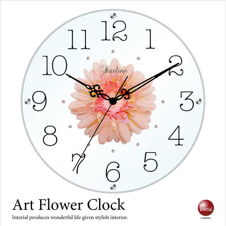 壁掛け時計 ウォールクロック アートフラワー ピーチ ガラス