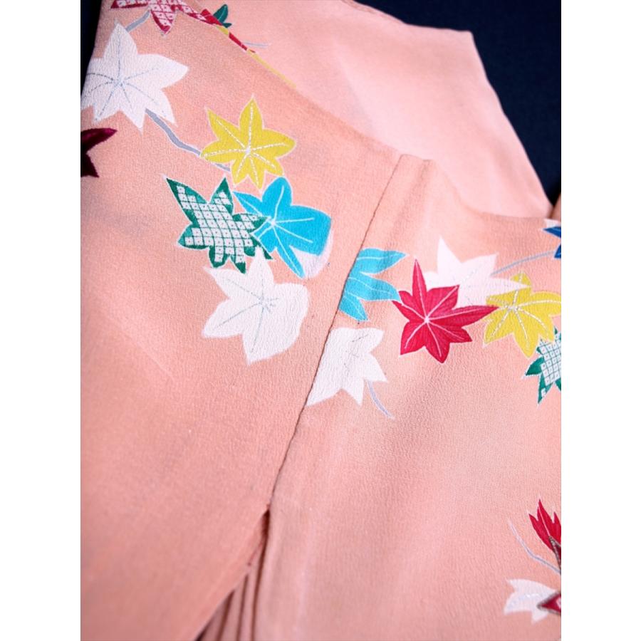 アンティーク着物 訪問着 単衣 楓 紅葉 竜田川 刺繍紋 橋 ベージュ