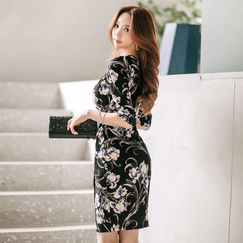 カシュクールワンピース パーティードレス ひざ丈 タイトワンピ 花柄