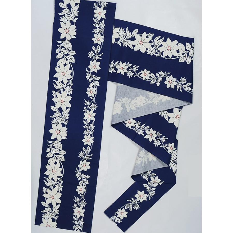 リサイクル名古屋帯 未使用品 紺 綿 八寸名古屋帯 洋花 縞 全通柄 M