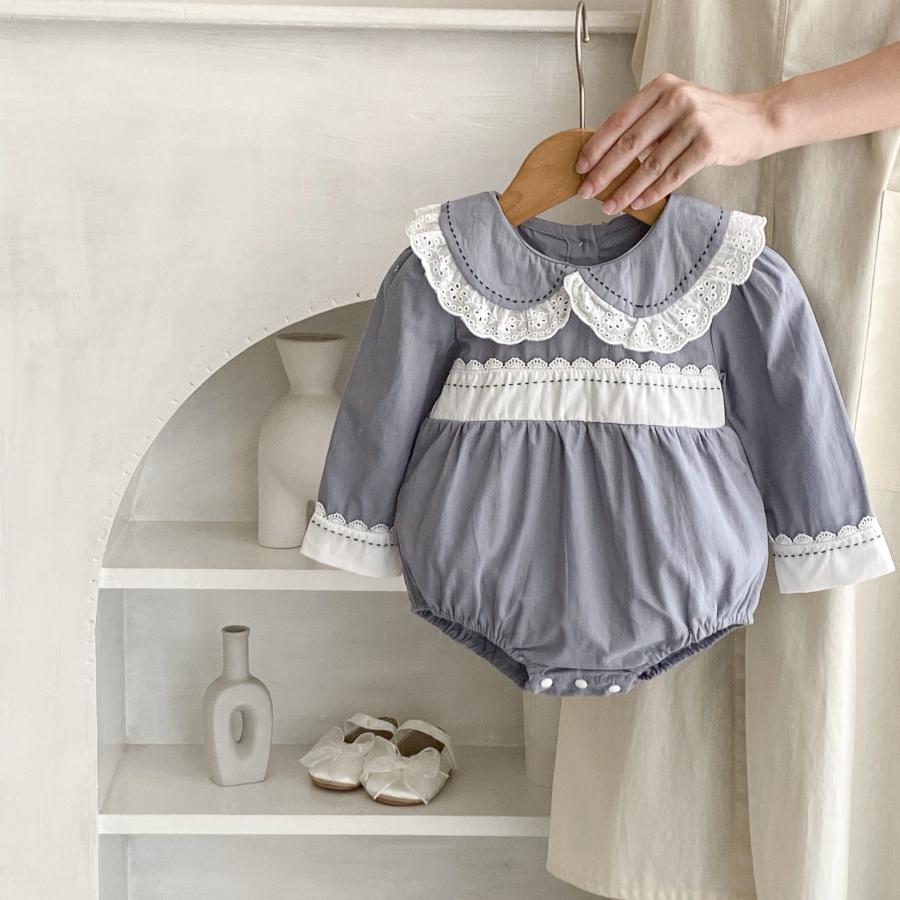 姉妹お揃い ベビーレース襟付き 長袖ロンパース ワンピース セット