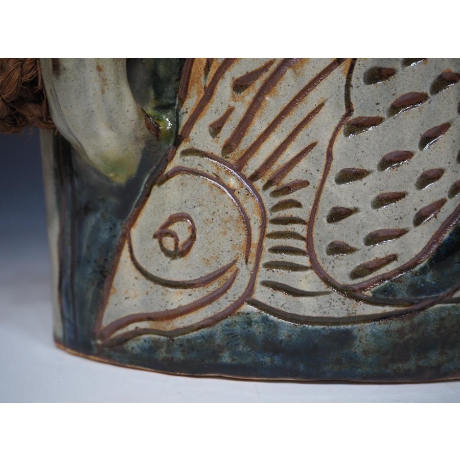 金城次郎 魚紋抱瓶【大作】 壺屋焼 ≪人間国宝≫ 共箱 縄紐 沖縄 未