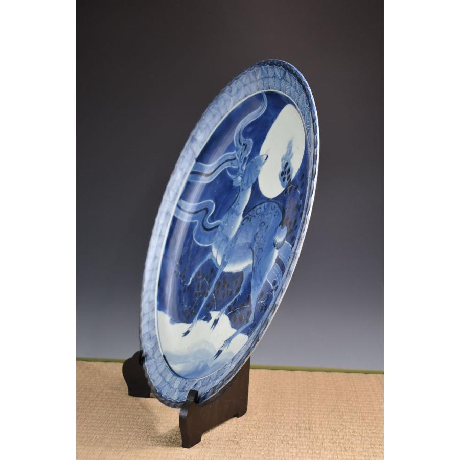 古伊万里 大皿 骨董品 ○名品 ≪ 鹿 月 花 ≫ 大明成化年製 染付 直径