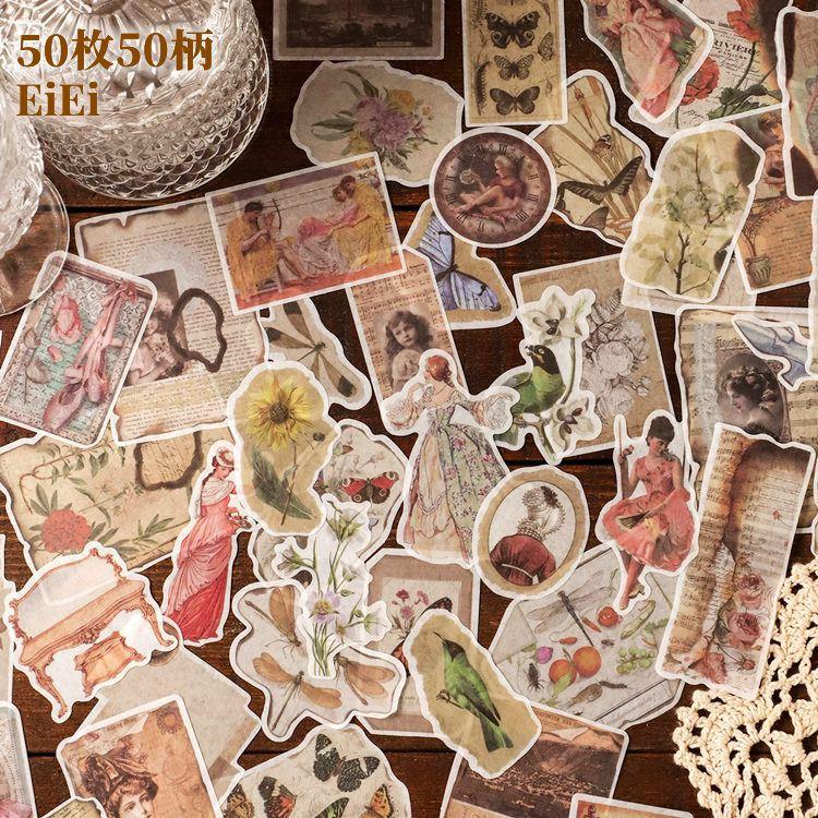 海外ステッカー 柄違い50枚 海外マステシール コラージュ 素材 レトロ