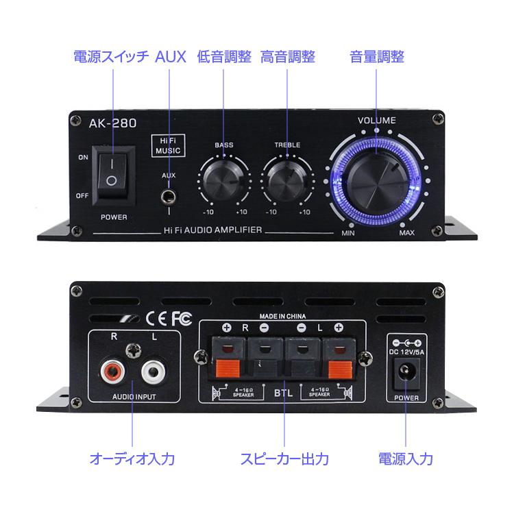 コンパクトオーディオアンプ 40W+40W 高音/低音調整 AUX/RCA入力 小型