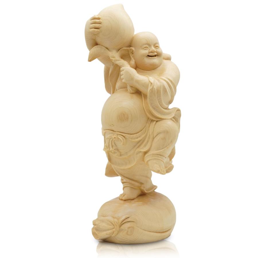 布袋 置物 七福神 寿桃布袋尊 木彫り 長寿 開運 金運 天然檜 縁起物 葉