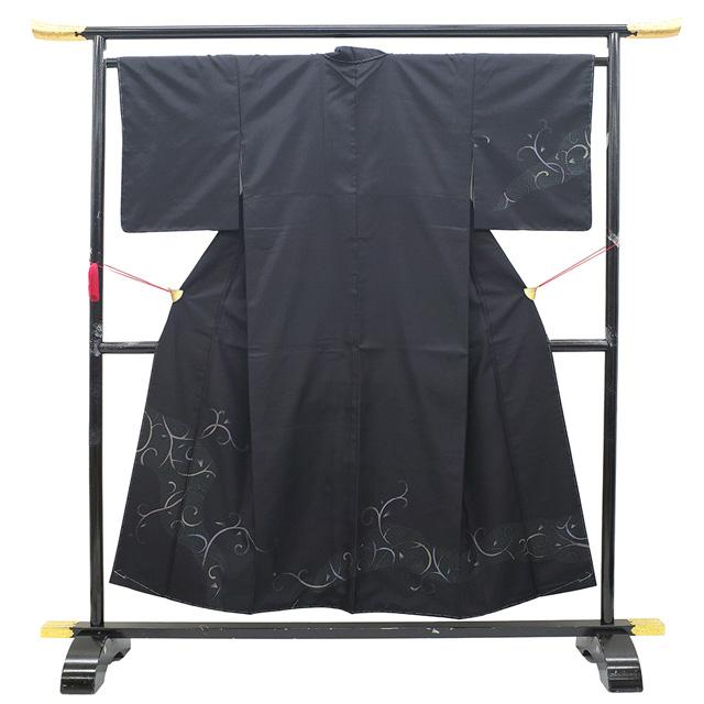 本場大島紬 訪問着 着物 未使用 正絹 染大島 黒 唐草 カジュアル