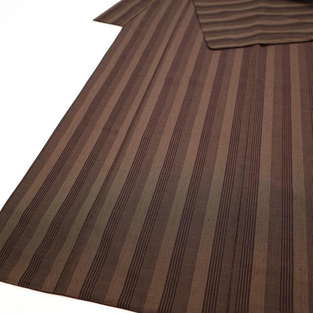 柿渋紬 着物 袷 紬 正絹 十日町 蕪重織物 こげ茶色 縞 カジュアル 中古