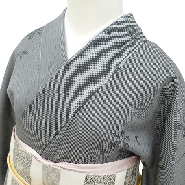 小紋 着物 未使用 正絹 袷 黒グレー 万筋 細縞 桜 カジュアル 春 冬