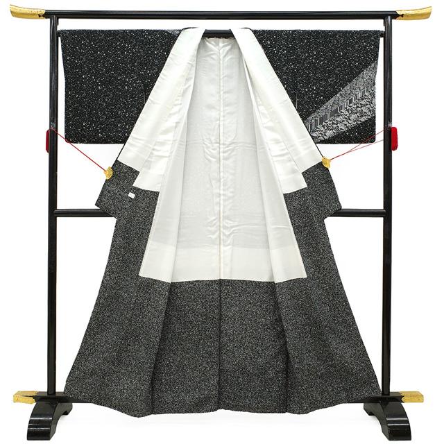 手染め 訪問着 着物 正絹 袷 たたき染め 黒 寄せ柄 春 秋 冬 未使用