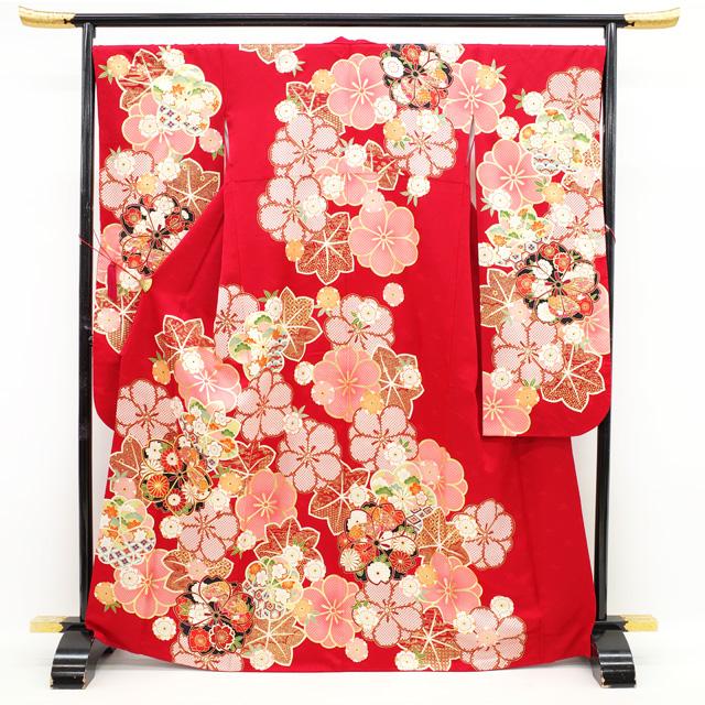 振袖 着物 金駒刺繍 金彩加工 赤 桜 梅 菊 成人式 二十歳 中古 仕立て
