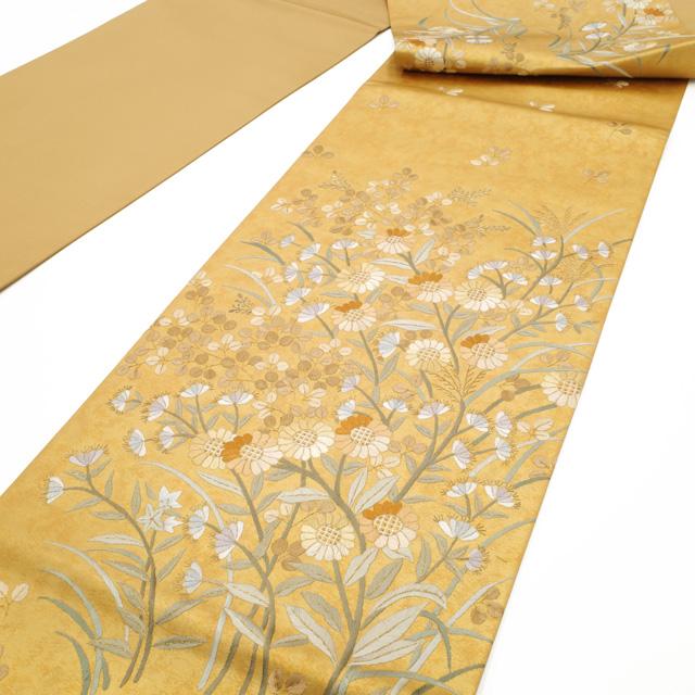 袋帯 未使用 フォーマル 正絹 手刺繍 蘇州刺繍 引箔地 金色地 菊 草花