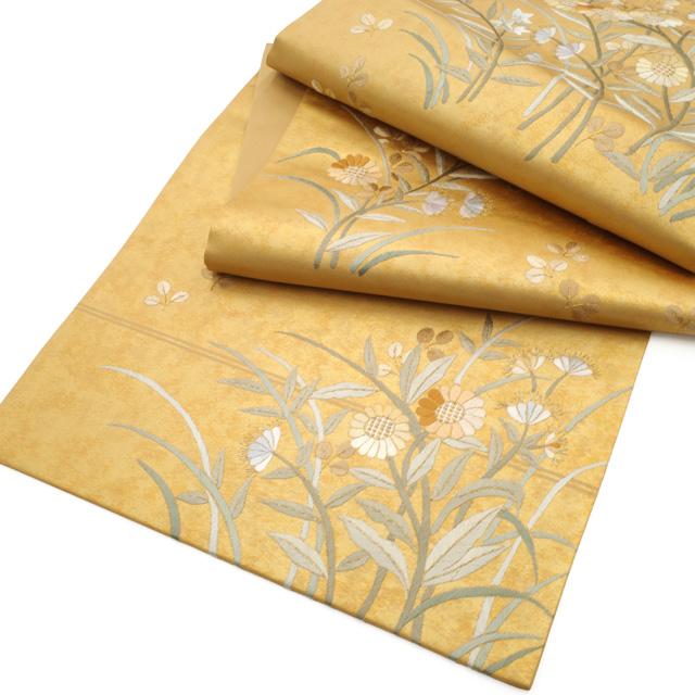 袋帯 未使用 フォーマル 正絹 手刺繍 蘇州刺繍 引箔地 金色地 菊 草花