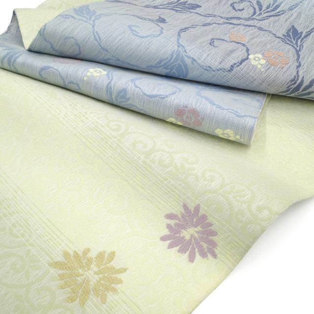 袋帯 リバーシブル 両面 正絹 軽量帯 薄黄 × 水色 花柄 花唐草