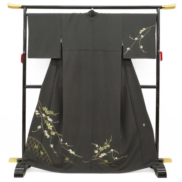 訪問着 着物 未使用 フォーマル 正絹 加賀友禅 佐藤潤 作 濃グレー 楓