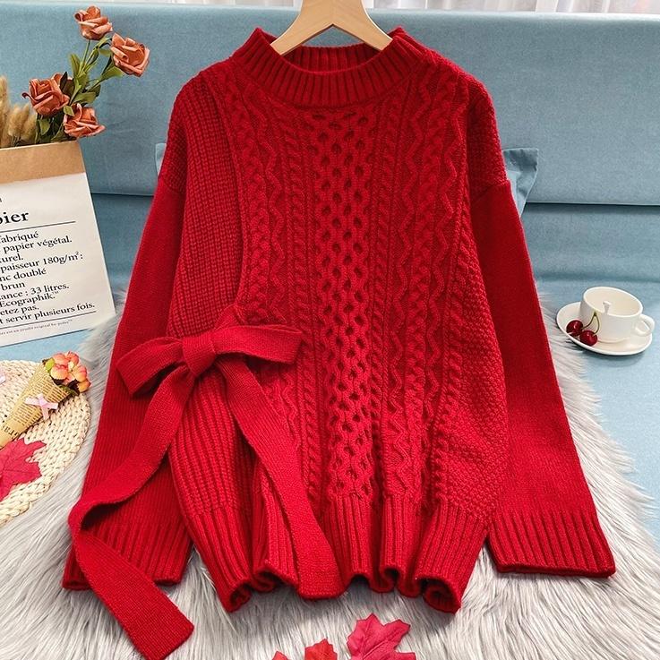 2color ニット セーター ケーブルニット プルオーバー リボン