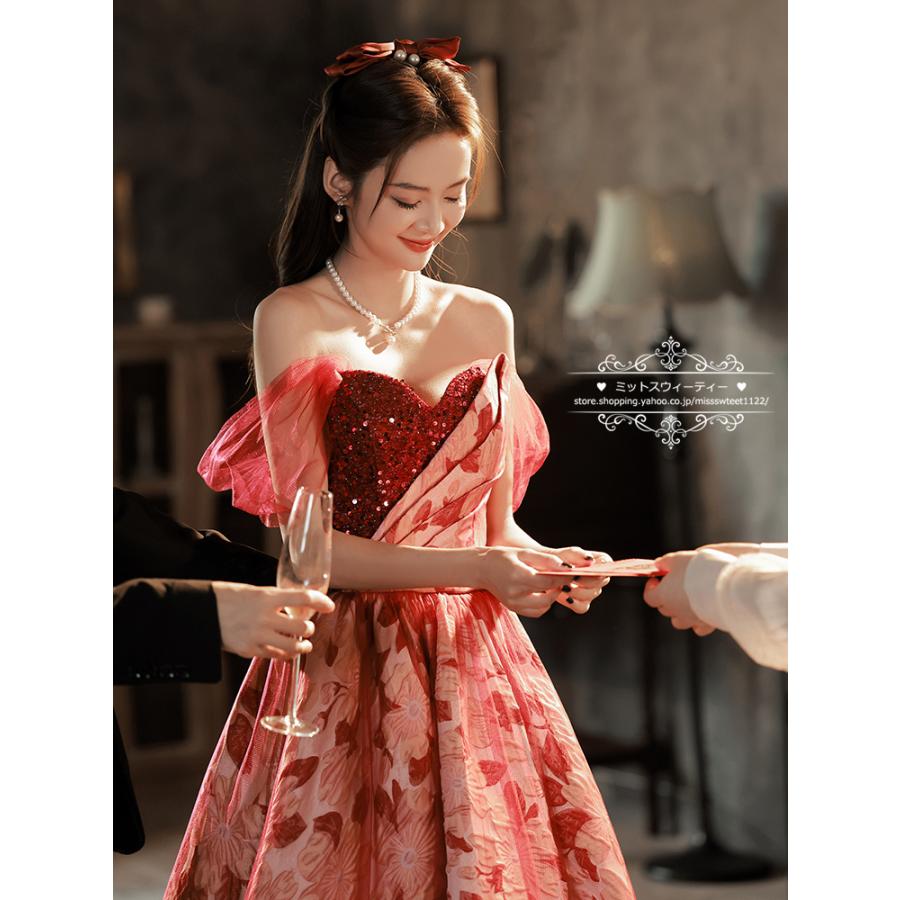 カラードレス 2way 付け袖 ウェディングドレス レッド 花柄 ベアトップ