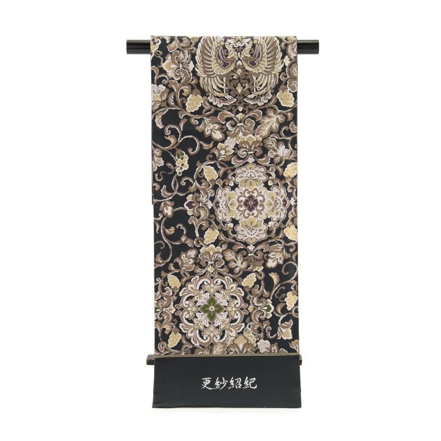 未仕立て】袋帯 焦灰色 ダークグレー 葡萄唐草 唐花 向かい鳥 更紗