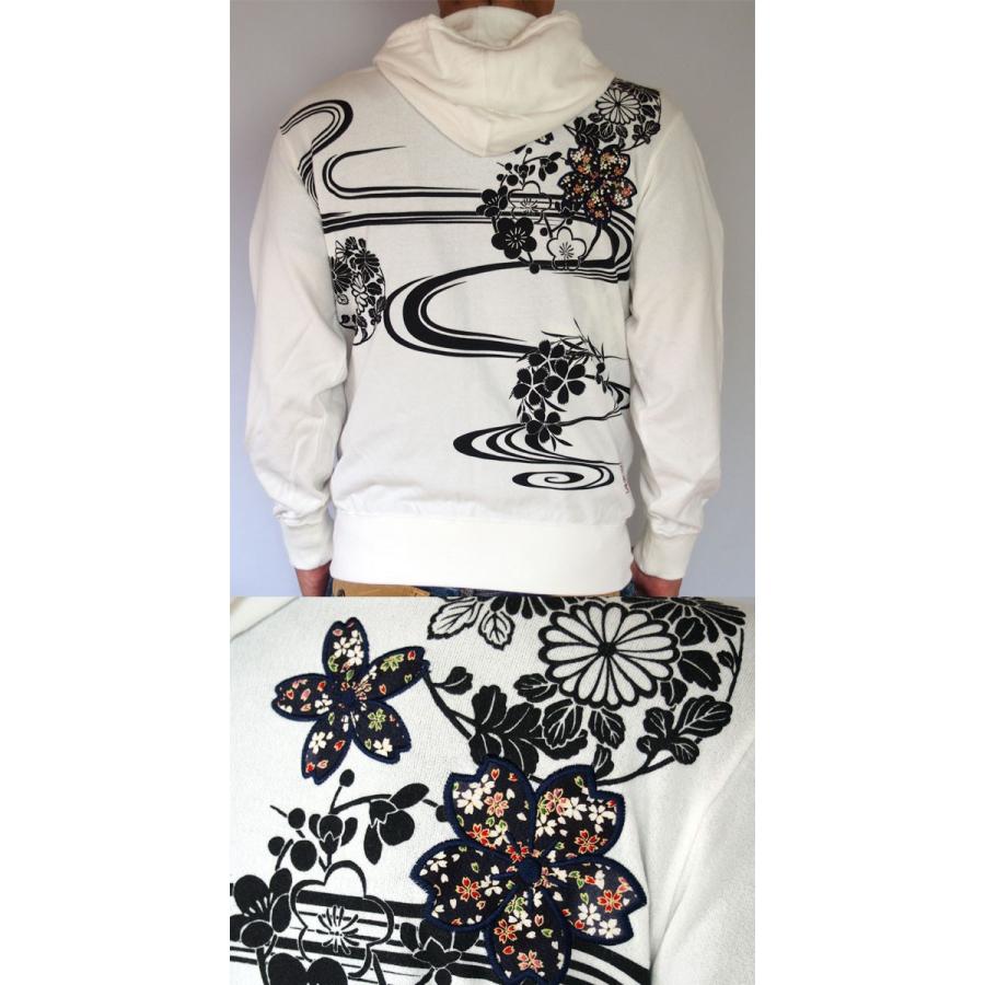 絡繰魂 和柄【絡繰魂】桜流水ZIPパーカー ブラック ホワイト : 和柄