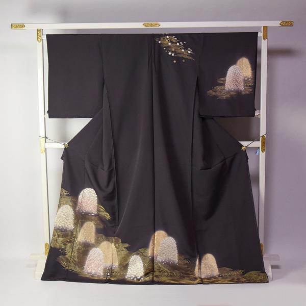 訪問着 手縫いお仕立て付き 総刺繍 蘇州刺繍 波に松、楓、梅 グレー色