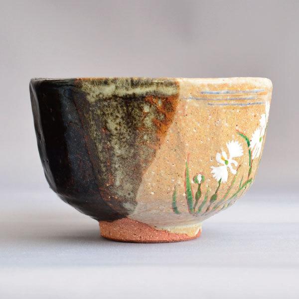 茶碗 茶道具 中村良二 作 灰釉掛分鷺草絵茶碗 : 茶道具専門店 (有)菊池