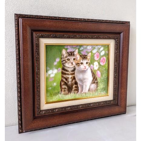 志水俊介「可愛い2匹の子猫」 油絵 額縁外寸 46.0x40.0x6.0cm 絵 27.3