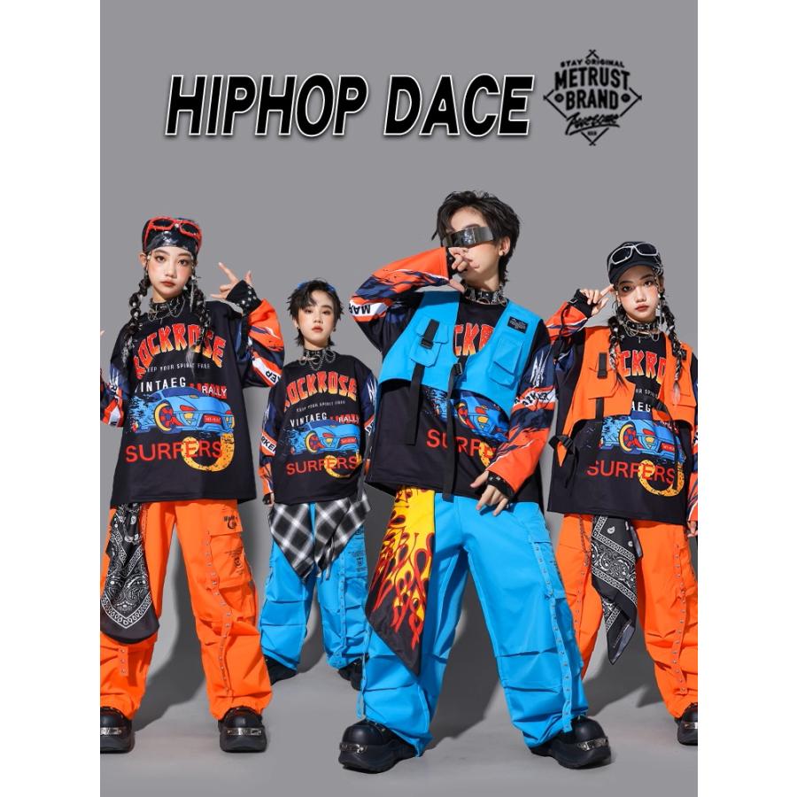 キッズダンス衣装 セットアップ ヒップホップ 衣装 黒 水色 オレンジ K