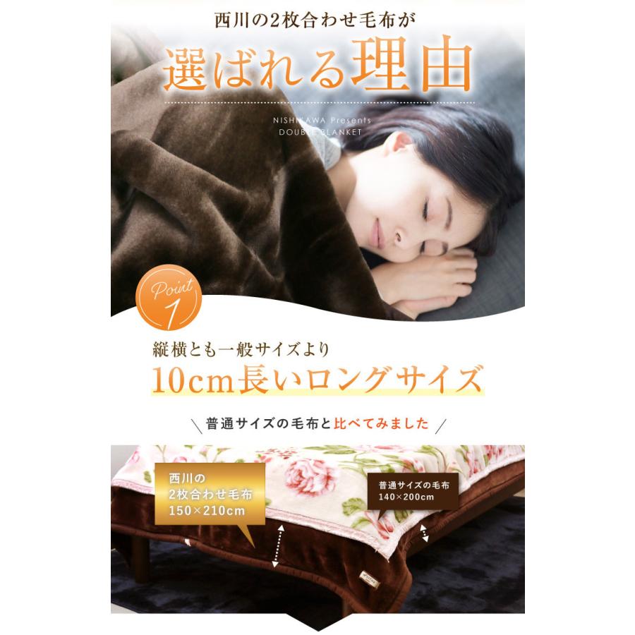 毛布 2枚合わせ 西川 送料無料 ダブルロングサイズ 190×210cm (2NY3129