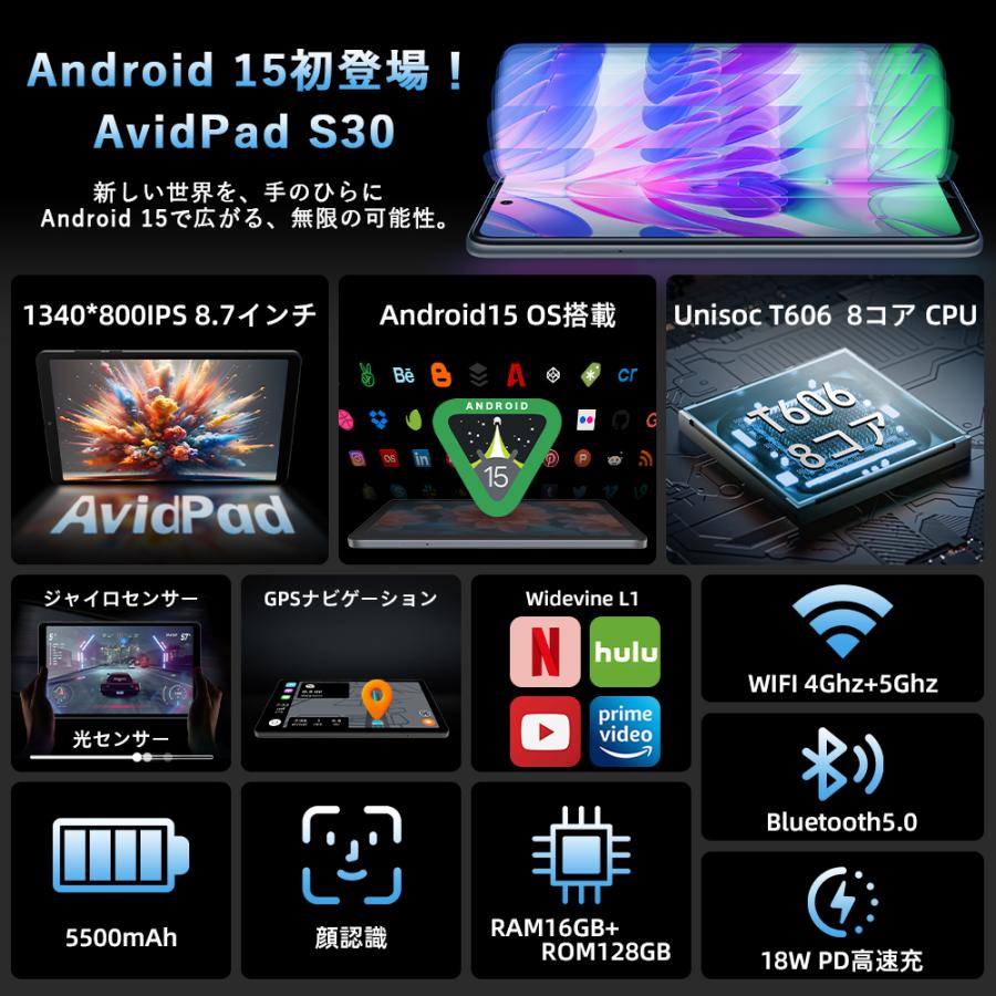 Avidpad S30☆Android 15 タブレット 8.7インチ simフリー 16GB+128GB