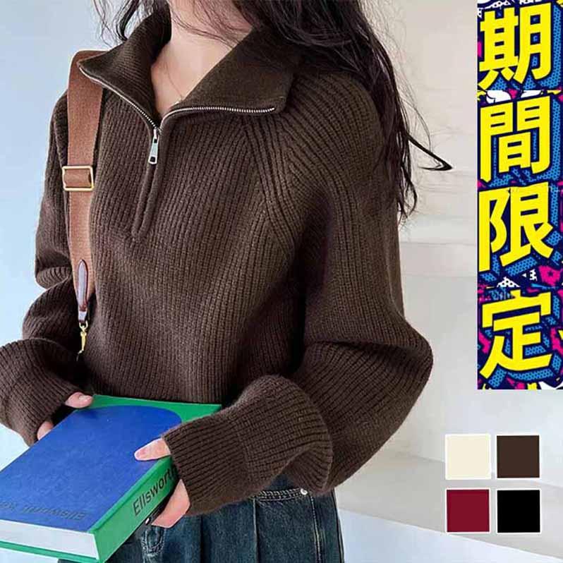 ニット ハーフジップ レディース 長袖 トップス 大人 ビッグカラー