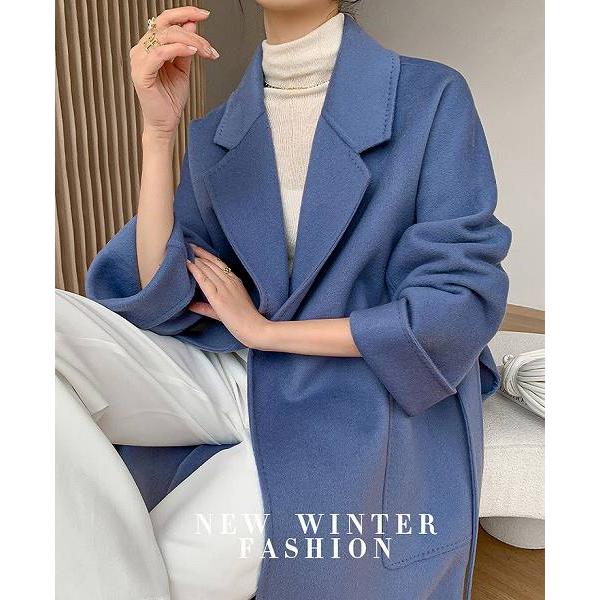 上品ロングコート ウール100% リバーコート スカイブルー ダブル