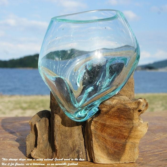 吹きガラスと天然木のオブジェTN 金魚鉢 メダカ水槽 花瓶 流木ガラス