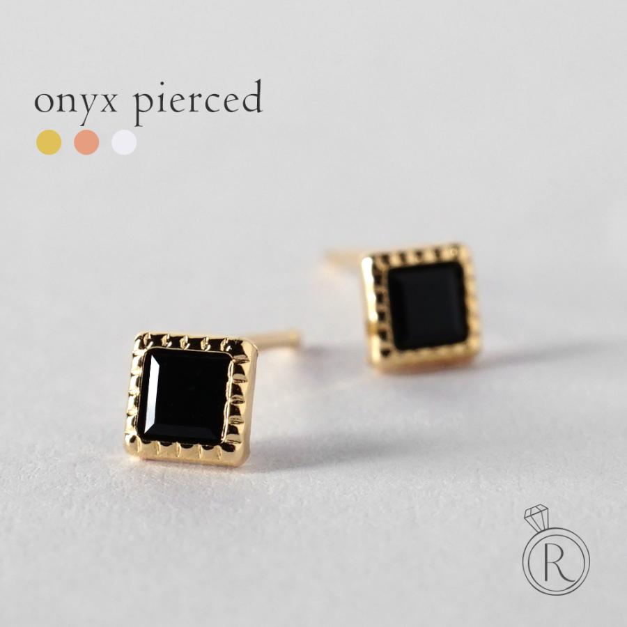 K18 オニキス スクエア ピアス レディース スタッドピアス カラー