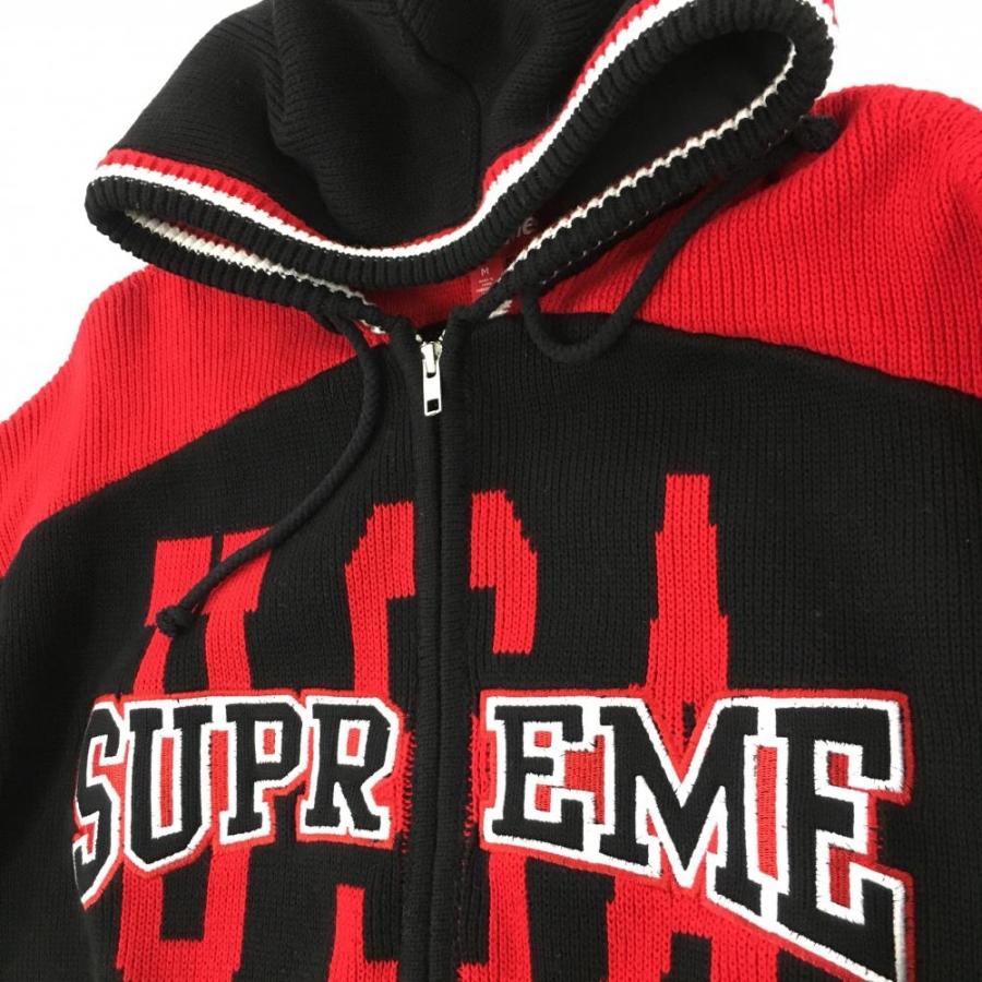 美品】Supreme シュプリーム ニットジップパーカー 黒×レッド×白