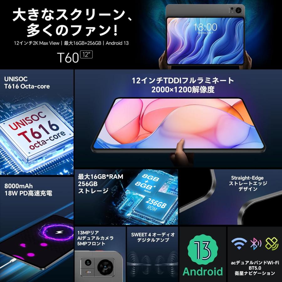 TECLAST TECLAST T60 タブレット 12インチ Android 13 16GB+256GB+1TB