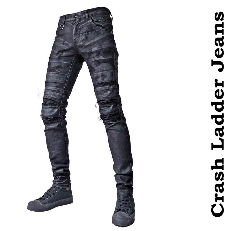 ブラック スキニー ダメージ デニム クラッシュ ジーンズ PU