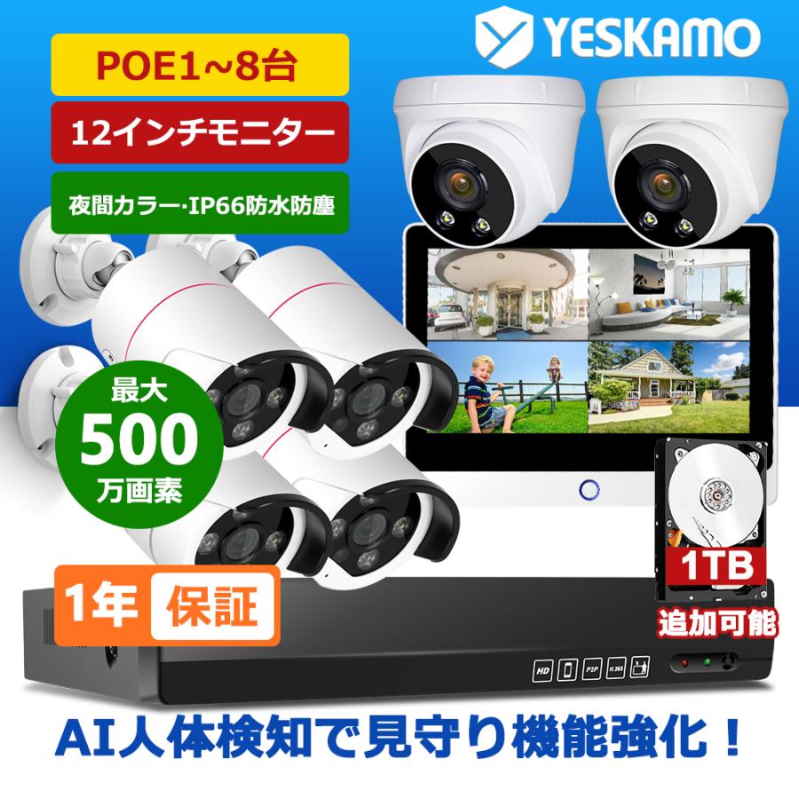 防犯カメラ 監視カメラ POE給電 500万画素 AI人体検知 防犯灯付き 夜間