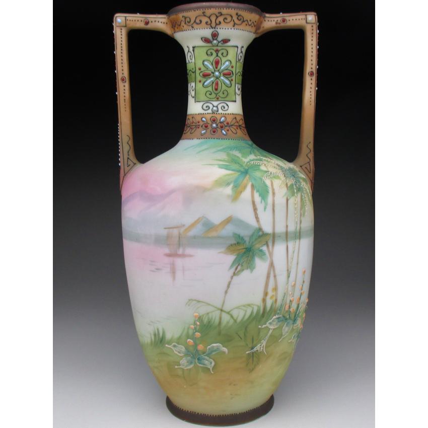 ノリタケ オールドノリタケ 盛り上げエジプト風景絵 花瓶 23cm