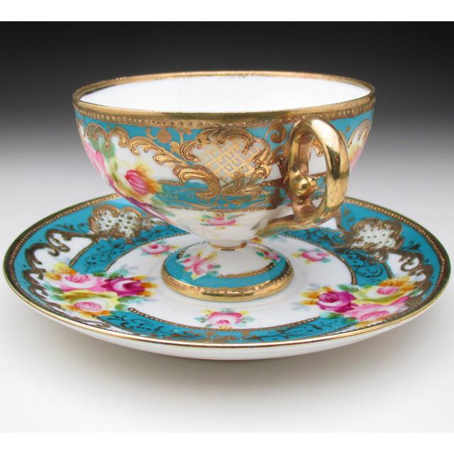 ノリタケ オールドノリタケ ブルー地金盛り薔薇絵 カップ＆ソーサー (a