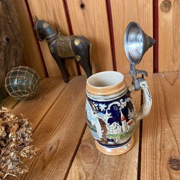 VINTAGE ≫ドイツ製ヴィンテージ*古い錫ピューター蓋付き陶磁製ビア