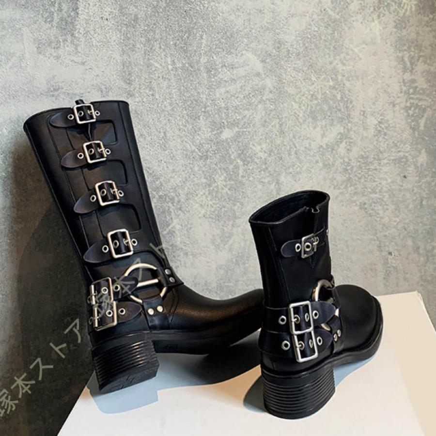 ミドル丈本革エンジニアブーツ バイクブーツ ロング 5cmヒール 牛革