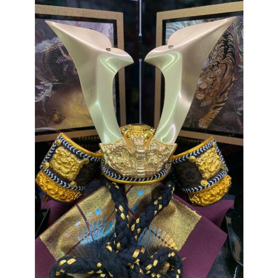 兜 5号 本革金箔小桜 立体大鍬形兜セット 黒塗収納 二曲屏風 収納台付